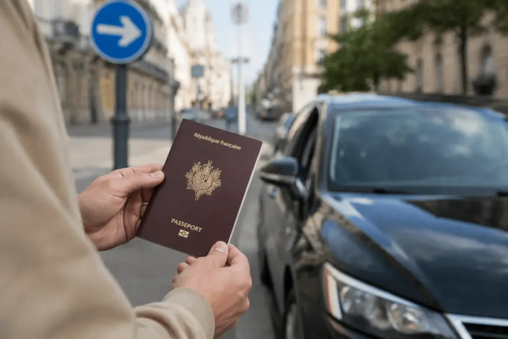 Traveler holding an international driving permit abroad