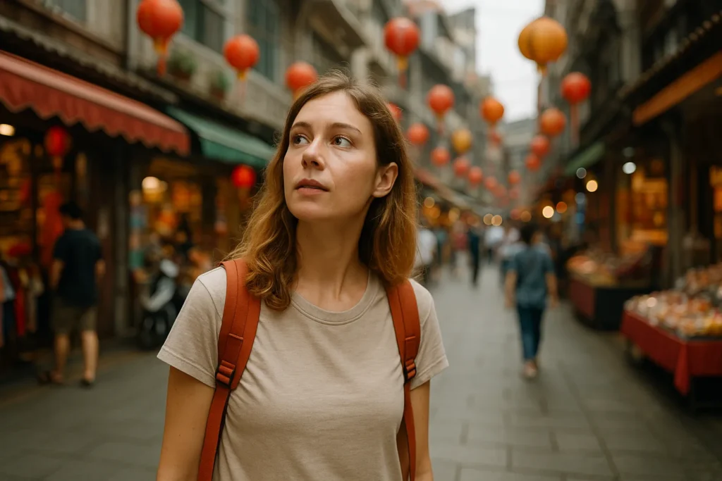 Expat woman exploring cultural market street abroad 
