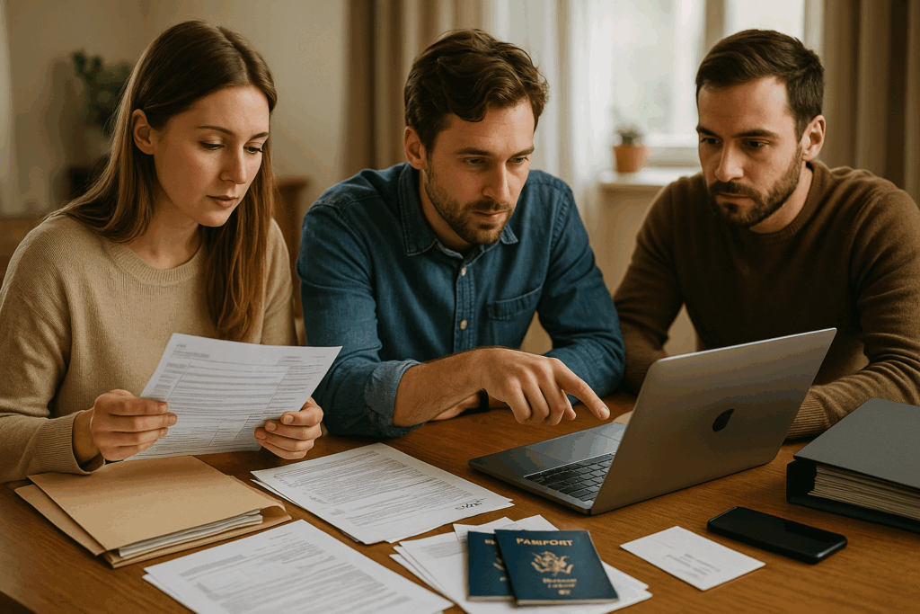 People organising tax documents before moving overseas
