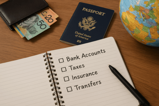 Financial items and travel essentials on desk