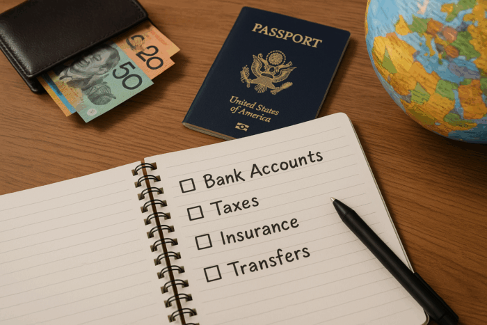 Financial items and travel essentials on desk