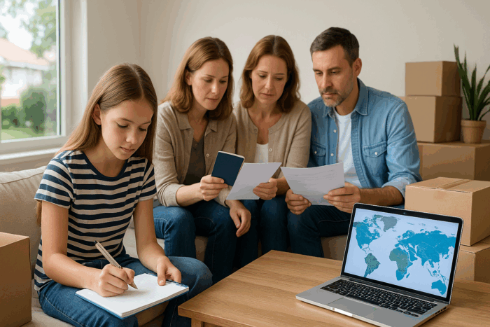 Family preparing school documents for overseas move.