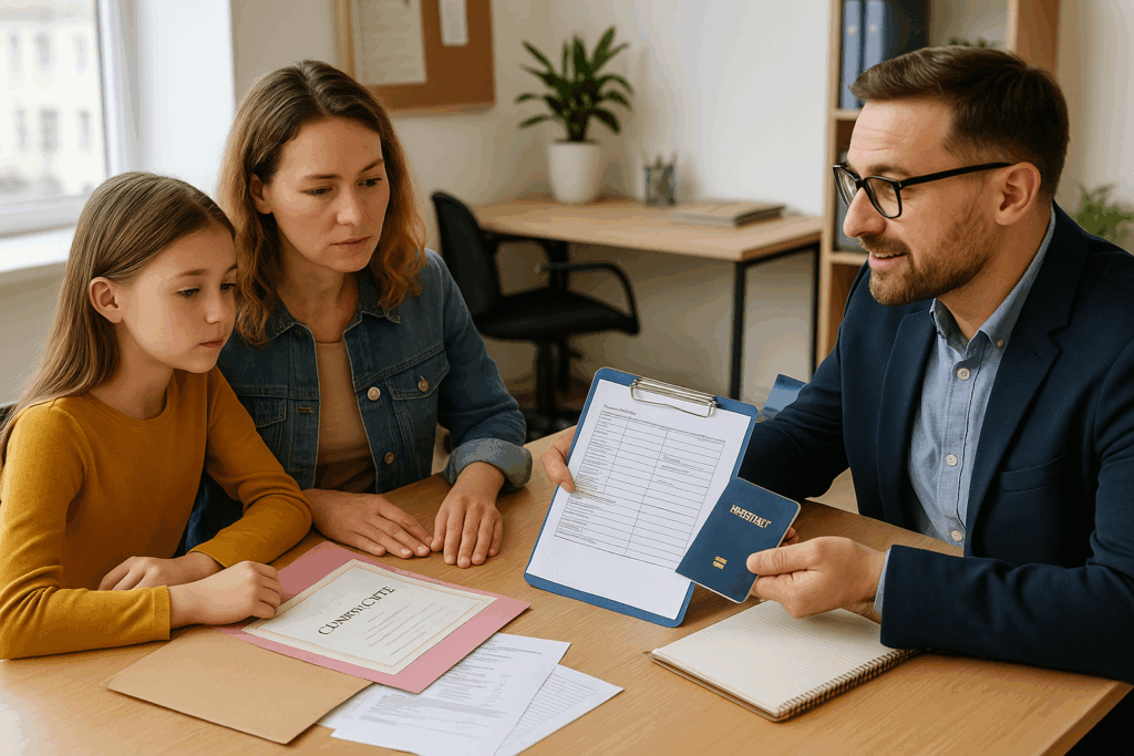 Parent and child reviewing school enrolment documents.