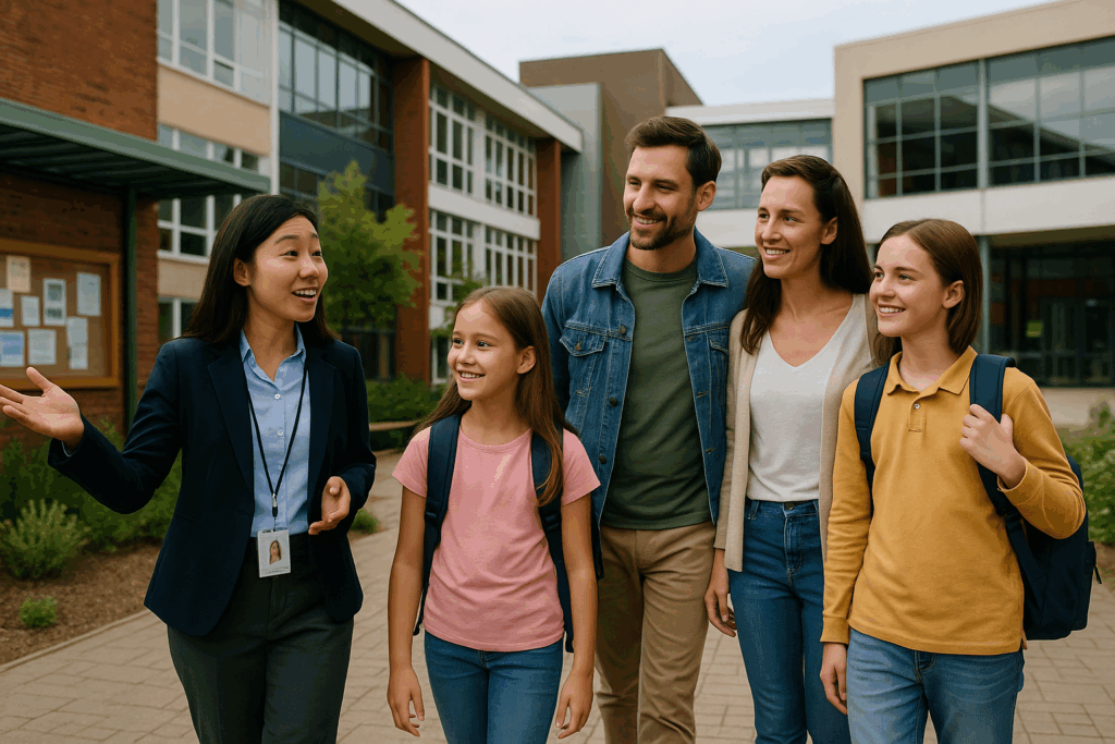 Family touring an international school campus abroad