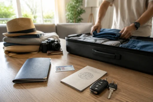 Documents and car keys prepared for moving abroad